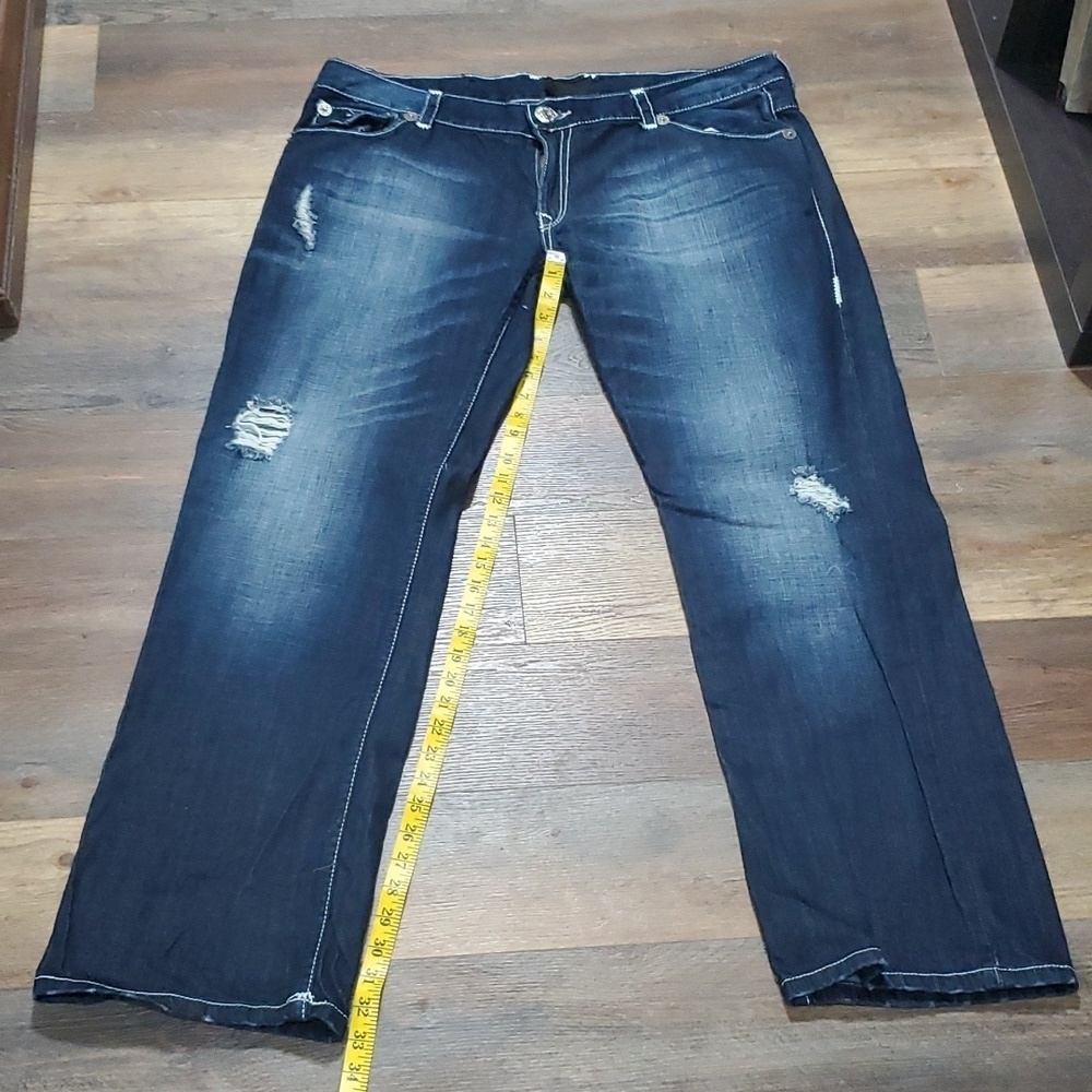 True religion Nathan giant big t distressed dark wash pocket flap jeans